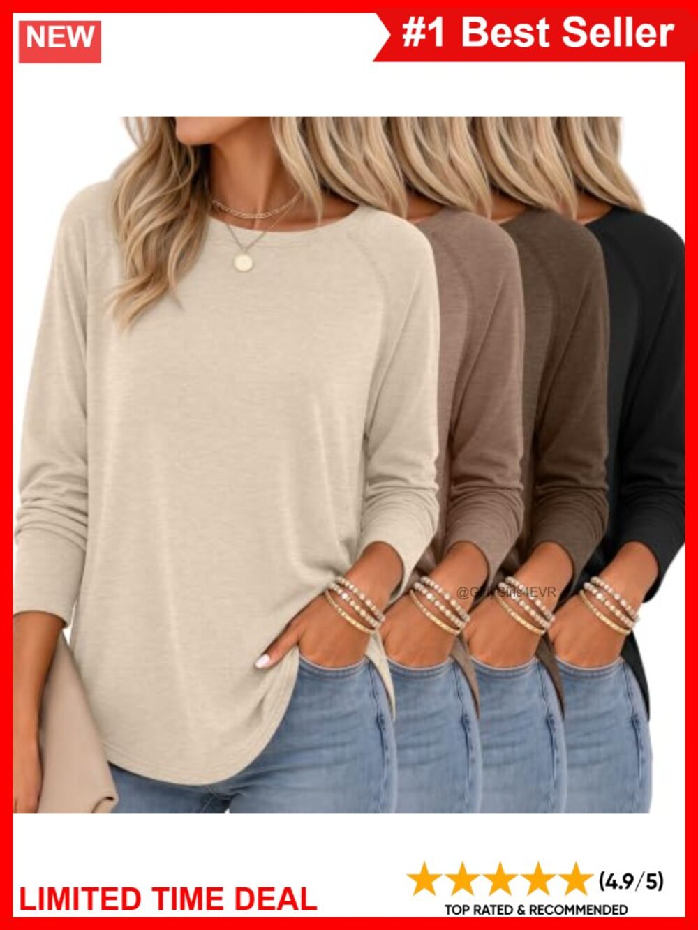 Women's Raglan Long Sleeve Tunic Tops 4 Pack Crew Neck Curved Hem Side Split